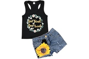 Carolilly Chic Ensemble de 2 Pièces Enfant Bébé Fille Débardeur + Shorts en Denim Tournesols Imprimés