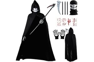 BBWELL Kostium Halloween Grim Reaper, Kostium Magere Hein dla dorosłych, Kostium cosplay Grim Reaper, Maska czaszki, rękawiczki szkieletu i kosę śmierci, idealny na Halloween Cosplay
