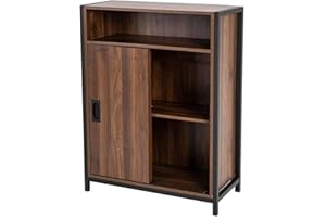 BAKAJI Mobile Mobiletto Basso, Libreria Design Moderno, Madia Industriale Struttura Acciaio e Legno MDF con 2 Ante a Chiusura Scorrevole Ripiano a Vista e 2 Ripiani Interni 64 x 30 x 81 cm (Brown)