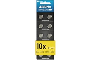 ABSINA 10x LR1130 AG10 Batteria - Batterie LR1130 alcaline da 1,5V a prova di perdite e longevoli - LR54 / V10GA / RW49 / G10A / 189 / GP189 / L1130 / 89A - Pile LR1130, batterie AG10, pila LR1130
