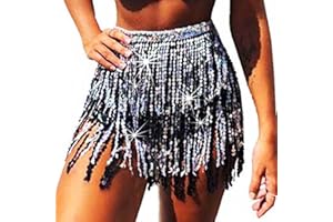 Flovel Gonna con Nappe con Paillettes Danza del Ventre Sciarpa all'anca Costume da Rave Gonna con Frange Abito da Rave per Donne e Ragazze