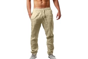 Dwevkeful Pantaloni Lino Uomo Estivi Casual Leggeri Larghi Pantalon Elastico in Vita Comodi Pantalone Yoga da Spiaggia con Tasche Loose Fit Pants Beige