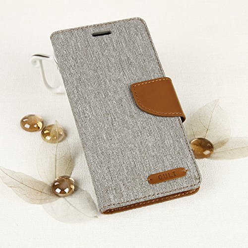 EGO® Luxury Bookstyle Handy Tasche mit praktischer Aufstellfuntkion für Sony Xperia Z5 Grau Flip Case Magnetverschluss Book Cover mit Kartenfach Wallet Stand Schutz Hülle Canvas
