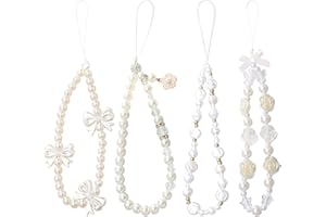 DKDDSSS 4 x zawieszka do telefonu, bransoletka z koralikami, biała perłowa kokarda na telefon komórkowy, urocza zawieszka do telefonu, Jeden rozmiar, Tworzywo sztuczne, Bez kamieni szlachetnych