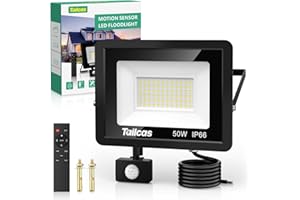 Tailcas 50W Security Lights with Motion Sensor, 4500LM PIR Security Light, IP66 Waterproof Outdoor Lights with Remote Control, Outside Floodlights for Garden, Backyard, Garage, Black