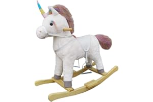 The Rocking Horse Co. - White Rocking Unicorn - Rainbow Horn, Mane & Tail - Plush Finish - Complete with Sounds - On solid wood rockers