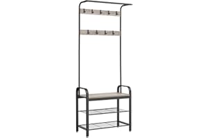 VASAGLE Appendiabiti con Scarpiera, Mobile da Ingresso con Panca, 4 in 1, 9 Ganci Rimovibili, Barra Attaccapanni, Entrata Corridoio, 33,7 x 72 x 183 cm, Industriale, Greige e Nero HSR40MB