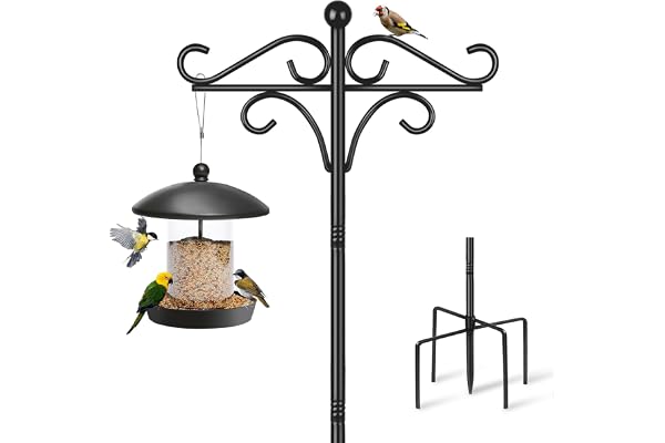 Support pour Mangeoire à Oiseaux sur Pied, 195 cm Environ 2 m, Réglable avec 2 Crochets, Double Support Autoportant Robuste pour Jardin, Lanterne Lumineuse, Suspension en Métal, Noir