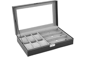 AUTOARK Leather 6 Watch and 3 Eyeglasses&Sunglasses Box with Jewelry Display Case Organizer,Mens Women Storage Holder Boxes,Glass Top,Black,AWU-004