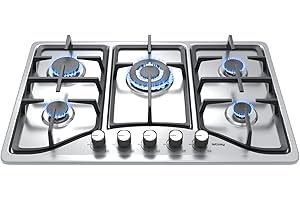 IsEasy Plaque Gaz 5 Feux Inox, Plaque de Cuisson Gaz 5 Feux Encastrable, Table Gazs 5 Foyer, Gazs Ville et Bouteille