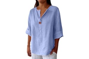 HRJXFPT Ladies 3/4 Sleeve Linen Tops for Women UK Plus Size Short Sleeve Cotton Linen Tops Summer V Neck Casual Loose Vacation Beach Solid Color Blouses Mid Long Sleeved T Shirts Cheesecloth Clothes Sales