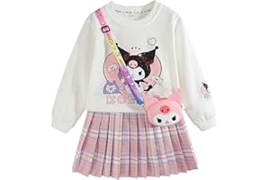 Satdflie Cartoon Conjunto Falda y Top para Niñas Jersey Manga Larga + Mini Falda Plisada + Bolso de Dibujos Animados 3 Piezas Traje