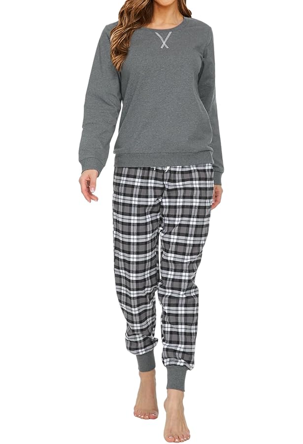 Pyjama Femme Hiver 2 Pièces En Coton à Carreaux - Manches Longues, Col V, Poches - Confirmation Douillette Pour Soirées D'automne Et D'hiver