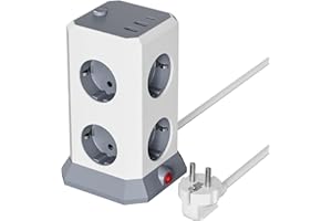 CUNSIEUN Cubo de enchufe múltiple de 8 vías, 2 USB 1 tipo C múltiples enchufes, 8 en 1 tomas de corriente con interruptor, cubo de potencia con cable de 1,8 m para el hogar, oficina y viajes, torre de toma de