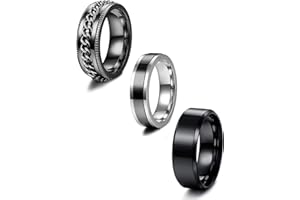 LOLIAS 3PCS Herren Ringe Schwarz Edelstahl Ringe für Herren Männer Breit Ringe Kette Ring Drehbarer Herren Schwarz Ring Verlobung Freundschaftsring Vintage Ringe für Männer