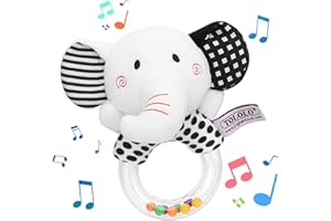 Wolepaz Baby Rattles 0-6 Months, Black and White Soft Rattles Plush Animal Toys, Elephant/Fox Plush Rings Infant First Hand Grip Toys(Rubber Ring Elephant), 265-2A