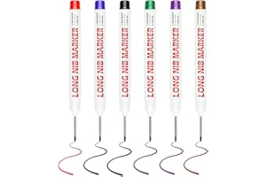 GNALIA 6 Piezas Marcador Metal Para Agujeros Profundos, Punta Extralarga 22 Mm X 1.5 Mm, Rotulador Permanente Para Madera Plástico Pared Construcción, Colores Rojo Azul Negro Verde Morado Marrón