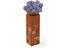 Hoberg LED Pflanzsäule Pusteblumen-Design in Rost-Optik | Abnehmbare Pflanzschale (Ø 34cm) | Integrierte Beleuchtung, 6h Timer, kabellos, witterungsbeständig | Für In- & Outdoor [19 x 19 x 72 cm]