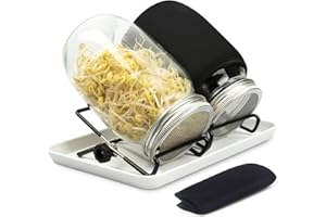 MEETOZ Sprouting Jar Kit-2 Pcs mouth Mason jars with sprouting lids with mesh screens,sprouting jar stands and a tray, Brush-Seed Sprouting Kit For Growing Mung beans,Broccoli And So On (2 Blackout Sleeves)