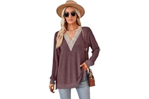 GRMLRPT Bluzka damska z długim rękawem, dekolt w serek, elegancka bluzka koszulowa, casual, t-shirty, basic, jednokolorowa tunika, luźna, jesienna (wielokolorowa, S-XXL)