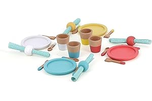 Vilac Dinette Pasto in Legno-Set di 28 Pezzi per Bambini-Stimola l'immaginazione e l'imitazione con Piatti, Occhiali, Posate e Asciugamani-Promuove le capacità motorie sottili, 8178