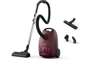 AEG 5000 Series Bagged Cylinder Vacuum Cleaner AB51C2DR, Strong Suction Power, 3L Dust Capacity, Ergonomic Design, High Filtration System, For Hard Floors & Carpets, Dustbag Full Indicator, Dark Red