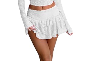 Qianderer Damen Y2K Minirock mit Rüschen, niedrige Taille, asymmetrisch, plissiert, Skaterrock, floral, geschichtet, Spitze, kurzer Rock, ästhetische Streetwear