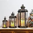 JHY DESIGN Set of 3 Decorative Lanterns 50cm&36cm&25cm High Outdoor Candlesticks Vintage Metal Candle Holder for Indoor Outdoor, Events, Parities and Weddings(Black with Gold Brush)