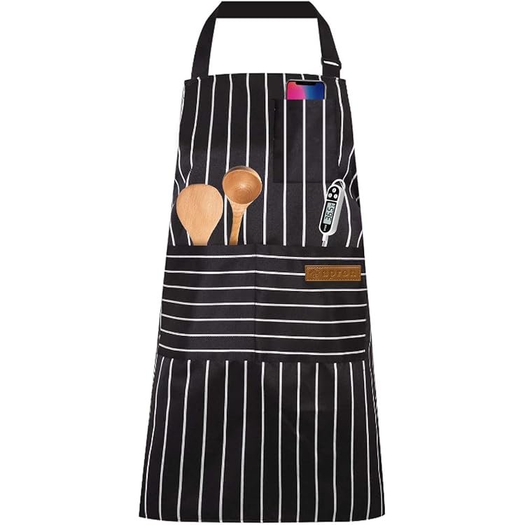 2 Tabliers Cuisine Réglables Dewocke - Coton Lin Rayé Avec Poches | Bleu Et Marron