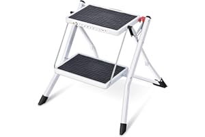 KINGRACK Scaletta Pieghevole con Superficie in Gomma Antiscivolo, 2 Gradini Scala Pieghevole per Caravan, Leggero in Acciaio, Fino a 150 kg, Bianco