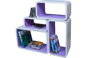 Cube Verstärkte Vielen Farben MDF Retro Design 4er Set Regal Regale Wandregal Deko Würfel CD DVD Lounge LO01 (Weiß/Lila)