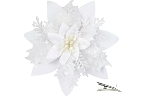 MIKAILE 20 Pezzi Fiori di Natale Artificiali con Clip, Fiori Poinsettia Glitter per Albero di Natale Ghirlanda Decorazioni Natalizie Casa (Bianco)