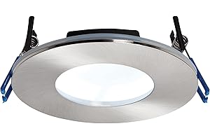 NATIONAL LIGHTING Cannon Satin Nickel Finish Die Cast Aluminium Fire Rated Natural White LED Anti Glare Low Profile Ceiling Downlight Spotlight IP65 Rated for Bathroom, Shower, Kitchen, Lounge etc.