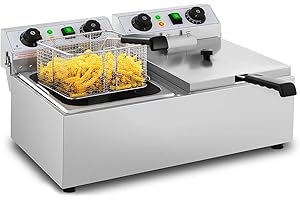 Royal Catering Friteuse Électrique De Restaurant Double Avec Minuterie Professionnelle RCTF 10DB (2 x 10 L, Zone Froide, Thermostat)