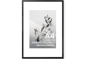 FEIHORRM Bilderrahmen A4 Schwarz, Aluminium Metall Bilderrahmen din A4 Fotorahmen Mit gehärtetem Glas, Kinderzeichnungen A4 Rahmen Für 21x29,7 cm-Fotos ohne Passepartout oder 13,9x20 cm-Fotos mit Passepartout