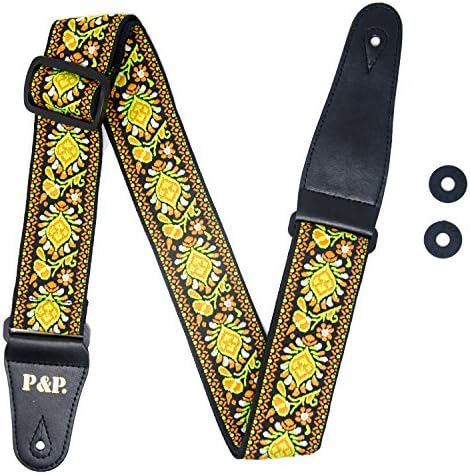 COOME Guitar Straps 2" Jacquard Woven Guitar Strap with Vintage Hootenanny Design for Acoustic and Electric Guitar FREE STRAP LOCKS INCLUDED BEST STRAP BUNDLE (Yellow)