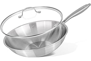 nuovva Stainless Steel Wok Non Stick – Induction Deep Stir Fry Pan – 28cm Frying Pan with Glass Lid