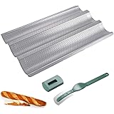 Baguette Baking Tray Non-Stick Baguette Tin Perforated French Bread Pan for Baking 3 Troughs Silver with Curved Bread Cutter 