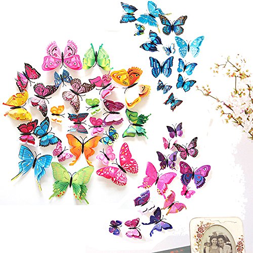 ivencase® 96 Stück 3D Schmetterlinge Wanddeko Aufkleber Abziehbilde für Wohnung, Raumdekoration mit klebebuttons und Magnet, Geschenk für Kinder, Mutter, Frauen, Freundin, Hochzeit, Geburtstag, 8 Farbe, Dual Layer Wings - 2