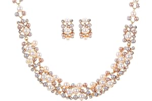YAZILIND Collier Elegant Creme Rose d'or de Faux Crystal Pearl Chunky Bib Collier Boucles d'oreilles de Bijoux