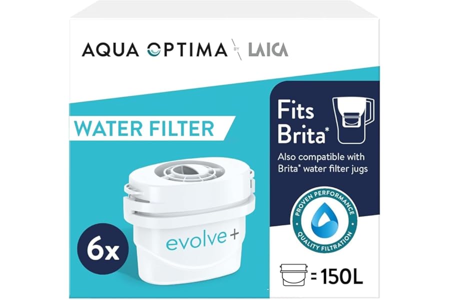 Aqua Optima Evolve+ Water Filter Cartridges 6 Pack - Fits Brita Jugs & Alternative for Maxtra Filters* - Reduces Limescale, Chlorine and Other Impurities - by LAICA (Packaging May Vary)