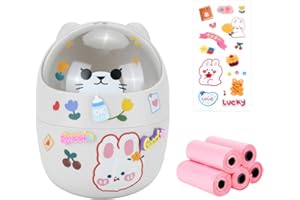 IBEQUEM Mini Trash Can, Cute Small Trash Can with Lid, Desktop Paper Bin with 5 Rolls of Bin Liners, Portable Tabletop Dustbin, Cartoon Rubbish Storage for Office Bedroom Desk Car Kitchen (Gray)