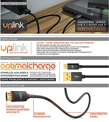Uplink – 1m Premium Micro USB auf USB Kabel mit Metallstecker + Nylonmantel / besonders strapazierfähig | flexibles Ladekabel / Datenkabel für Android, Samsung, HTC, Motorola, Nokia, LG, HP, Sony, Blackberry und mehr - 5