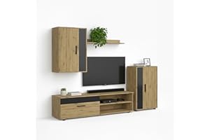 duehome | Mueble de Salón, Composición Modular de TV, Modelo: Lunet 190, Acabado en Alpino y Negro, Medidas: 140 cm (Largo) x 35 cm (Fondo) x 36,2 cm (Alto)