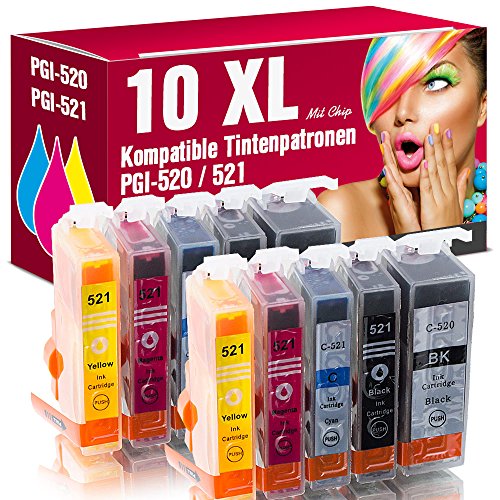 ms-point 10x Patronen MIT CHIP kompatibel für Canon Pixma IP3600 IP4600 IP4600X IP4700 MP540 MP550 MP560 MP620 MP630 MP640 MP640R MP980 MP990 MX860 MX870 MX870 Series PGI-520 CLI-521