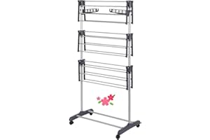 LANTUS Séchoir à Linge Pliable avec roulettes Grande Capacité Etendoir en Acier Inoxydable Ailes Pliables sur 3 Niveaux de Séchage pour Usage Intérieur/Extérieur,72*56*152cm (Gris)