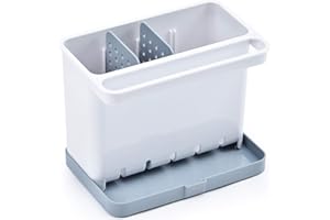 KINGRACK Sink Caddy, Kitchen Sponge Holder Soap Organizer Cloth Hanger, Multi-Purpose Sinkware Caddy for Kitchen Accessories with Drip Tray, Rust Proof for Dishwashing Tools, White