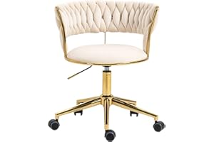SUPPNEED Silla giratoria de oficina de terciopelo, silla de maquillaje, silla de oficina de tela, hermosa silla elegante, silla de oficina dorada, silla de recepción giratoria de 360 ° (Ivory)