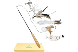 Pawfect Family® Teaser Wand with Wooden Handle and 6 Feather-Plush Attachments - Extendable und Retractable Fishing Rod Stick for Cats