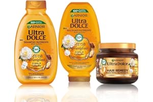 Garnier Ultra Dolce Routine Completa Gli Oli Meravigliosi, Kit con Shampoo + Balsamo + Maschera, Ideale Per Capelli Secchi e Spenti, Con Olio di Argan e Camelia